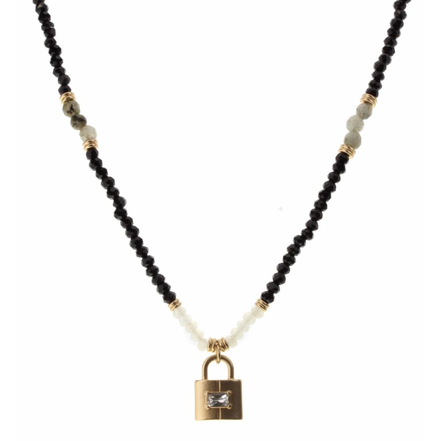 16" Jet and Labrodite Body with Padlock Charm Necklace, 3" Ext