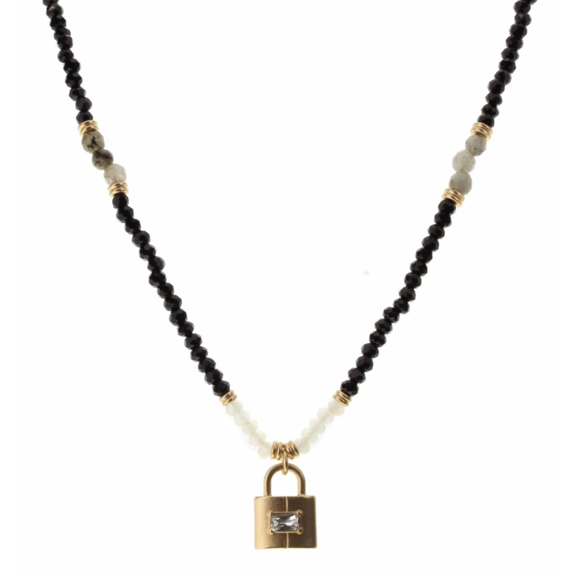 16" Jet and Labrodite Body with Padlock Charm Necklace, 3" Ext