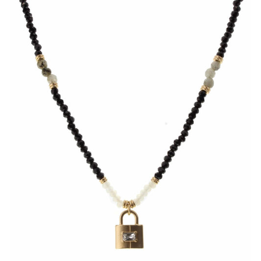 16" Jet and Labrodite Body with Padlock Charm Necklace, 3" Ext