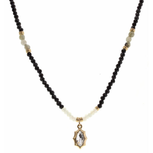 16" Jet and Labrodite with Clear Marquise Crystal Necklace, 3" Ext