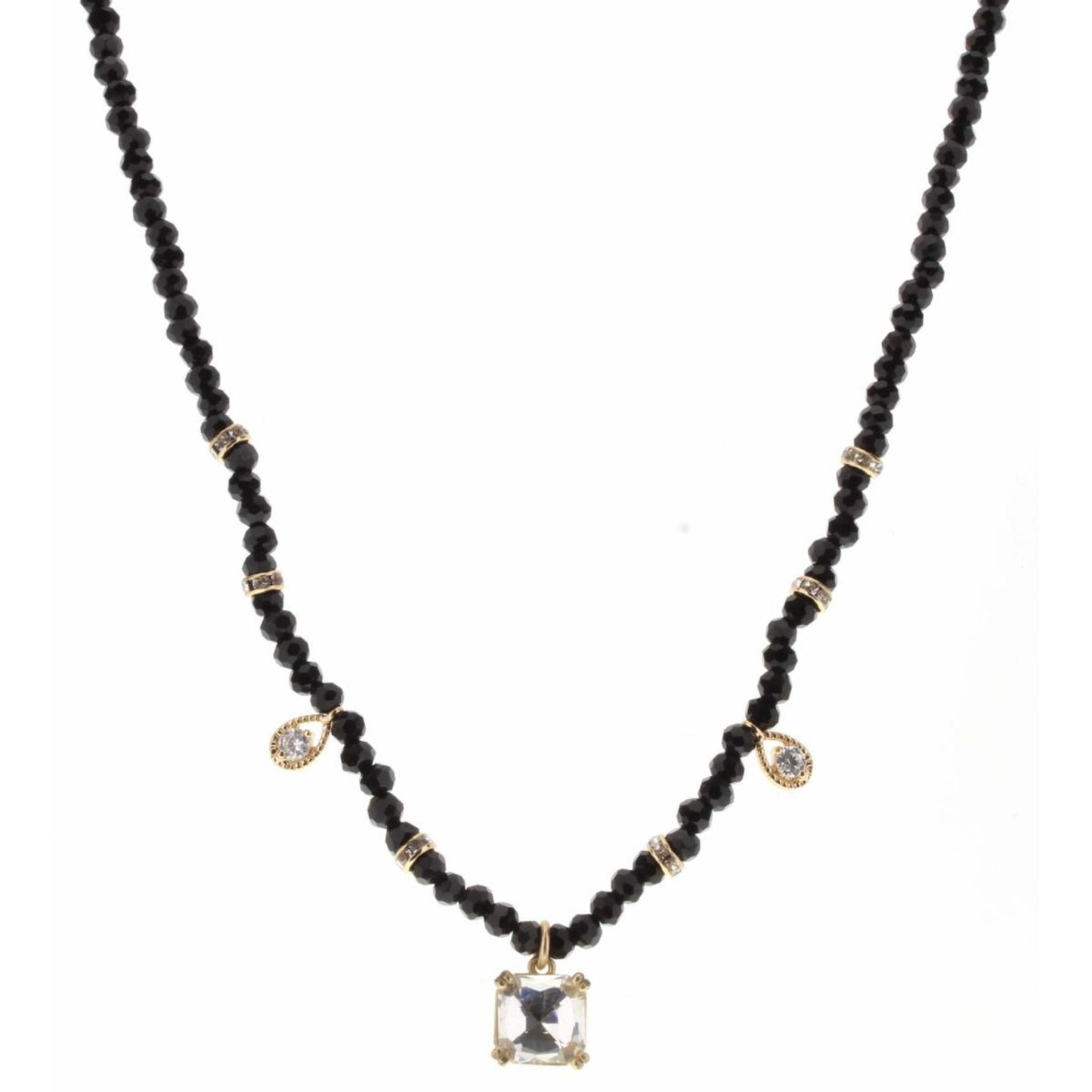 16" Jet Body with Teardrop and Clear Crystal Square Charm Necklace, 3" Ext