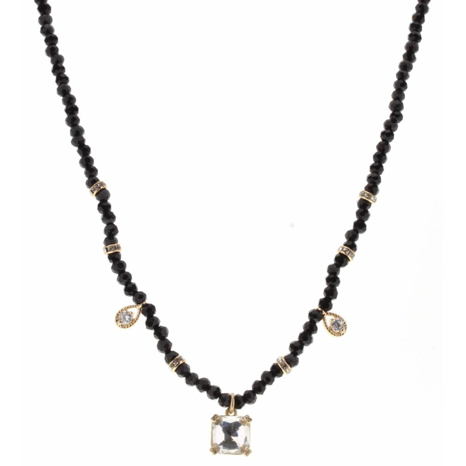 16" Jet Body with Teardrop and Clear Crystal Square Charm Necklace, 3" Ext