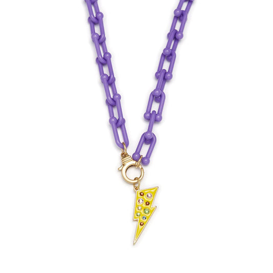 Kids 15" Rhinestone Bolt Charm with Purple Chunky Link Chain Necklace