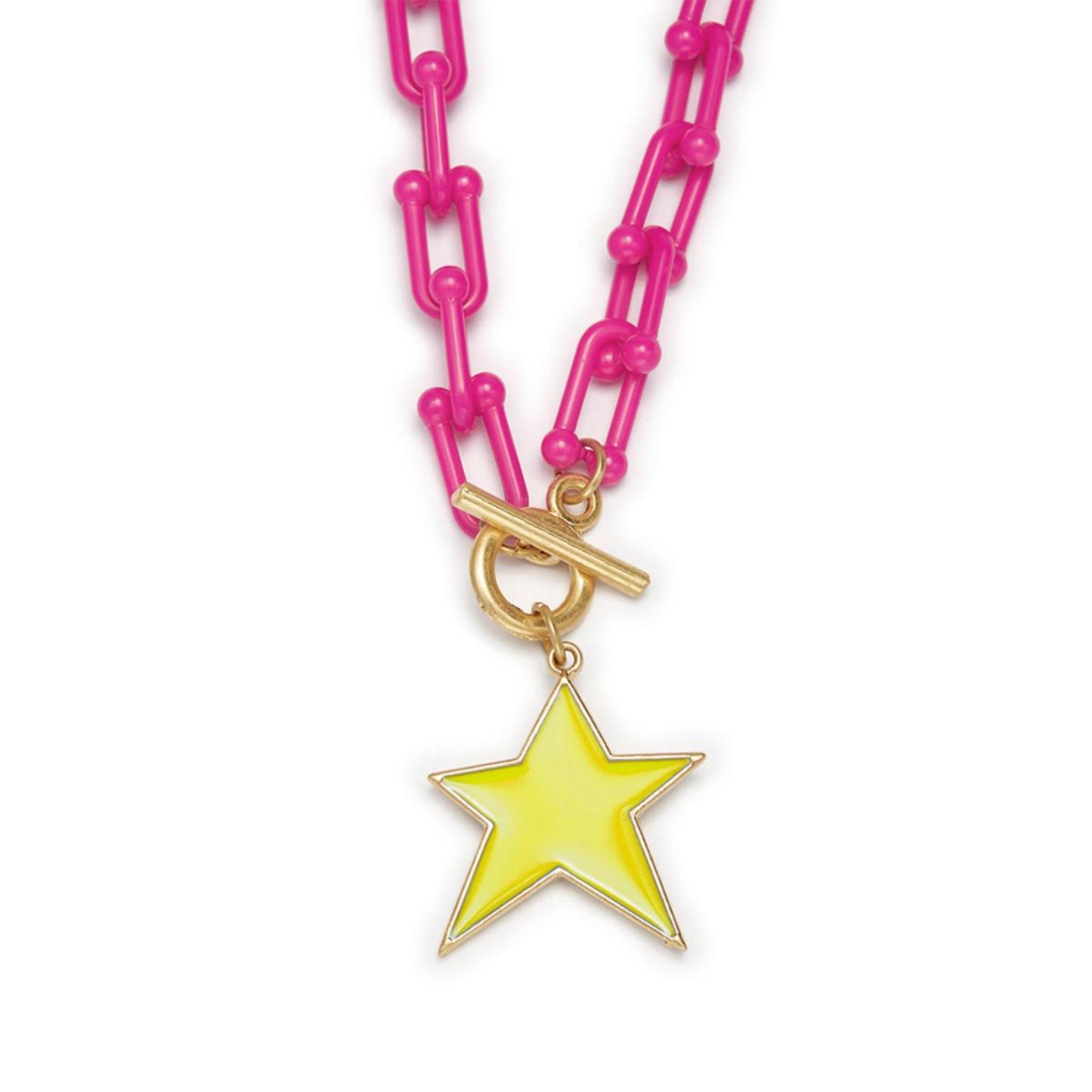 Kids 15" Yellow Star Charm with Hot Pink Chunky Link Chain Necklace