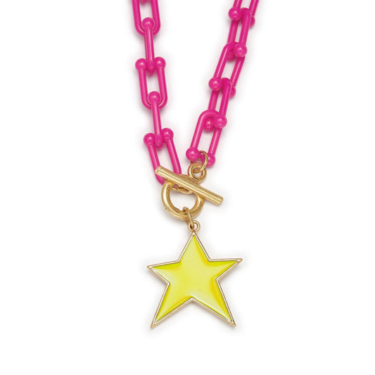Kids 15" Yellow Star Charm with Hot Pink Chunky Link Chain Necklace