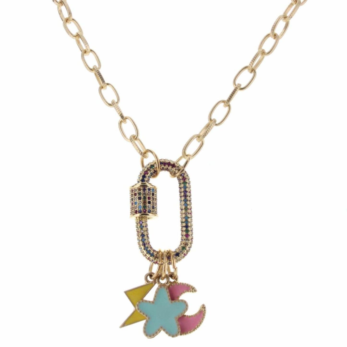 Kids 14" Multi Crystal Oval Carabiner with Enamel Charms Necklace, 3" Ext