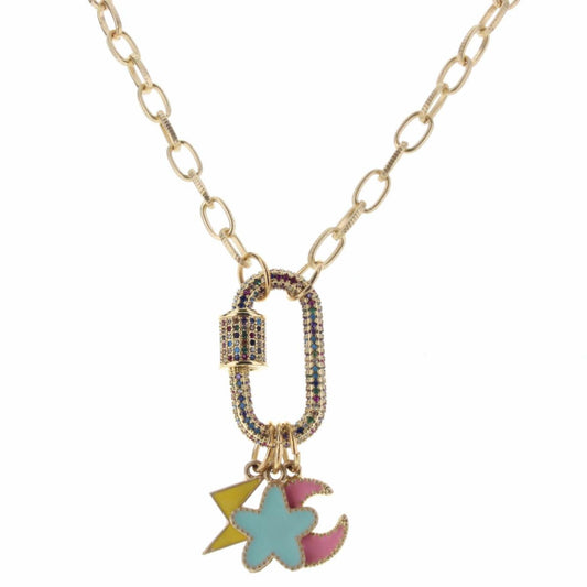 Kids 14" Multi Crystal Oval Carabiner with Enamel Charms Necklace, 3" Ext