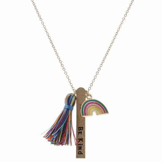 Kids 14" Gold "Be Kind" Bar with Tassel & Rainbow Necklace, 3" Ext