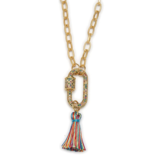 Kids 14" Multi Crystal Oval Carbiner with Multi Tassel Necklace, 3" Ext
