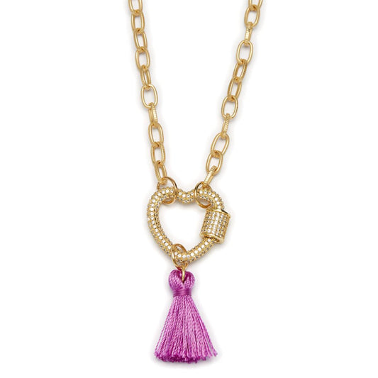 Kids 14" Gold Crystal Heart Carabiner with Purple Tassel Necklace, 3" Ext