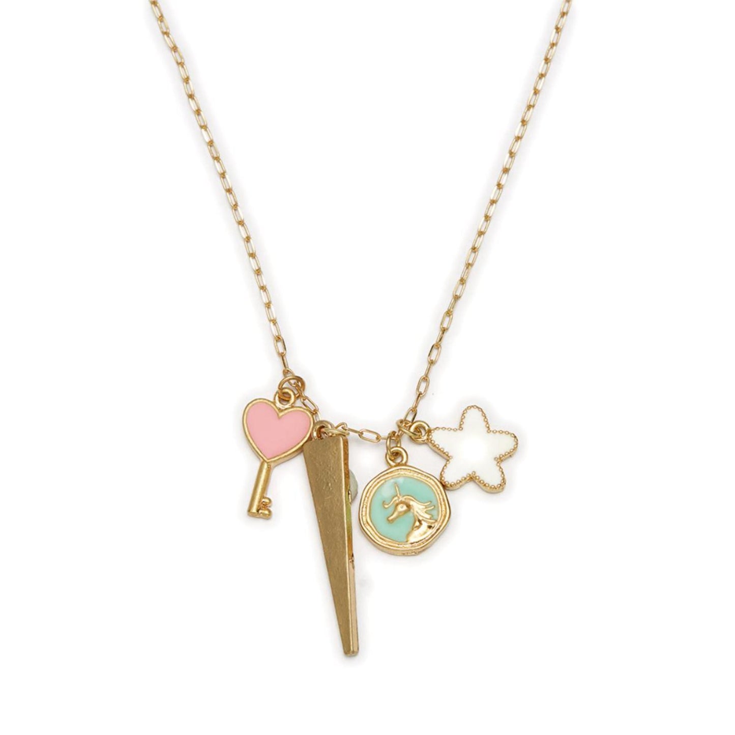 Kids 14" Pink Heart Key, Unicorn, Star Charm Cluster Necklace, 3" Ext