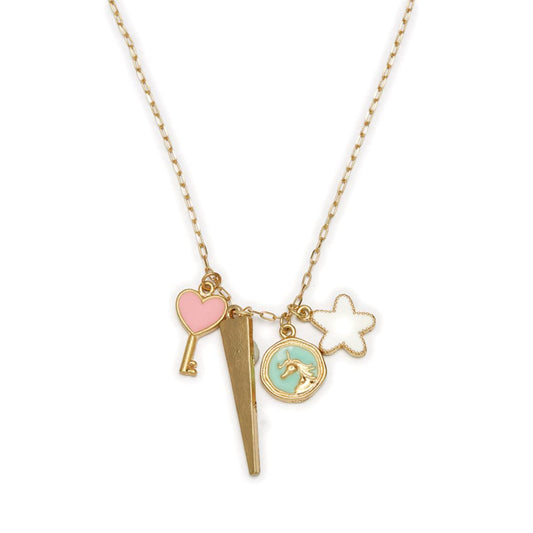 Kids 14" Pink Heart Key, Unicorn, Star Charm Cluster Necklace, 3" Ext