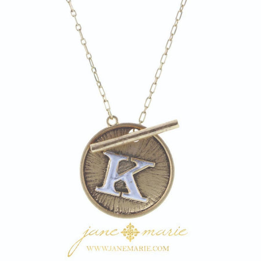 16" 2-Tone "K" Initial Toggle Disc with Gold Chain Link Necklace, 3" Ext