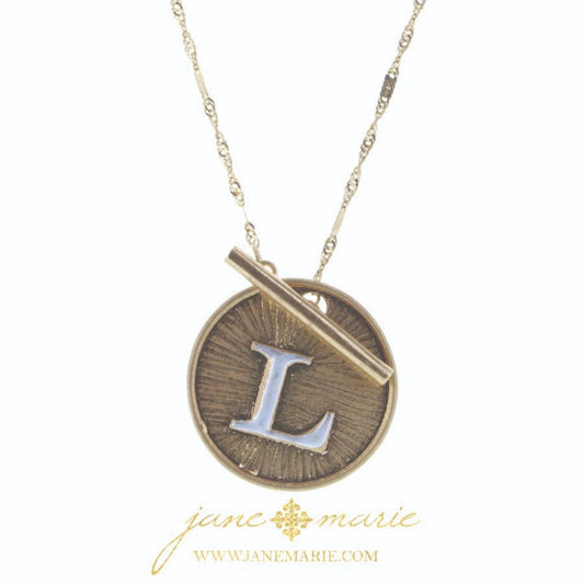 16" 2-Tone "L" Initial Toggle Disc with Gold Chain Link Necklace, 3" Ext