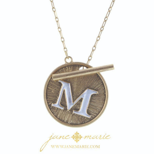16" 2-Tone "M" Initial Toggle Disc with Gold Chain Link Necklace, 3" Ext
