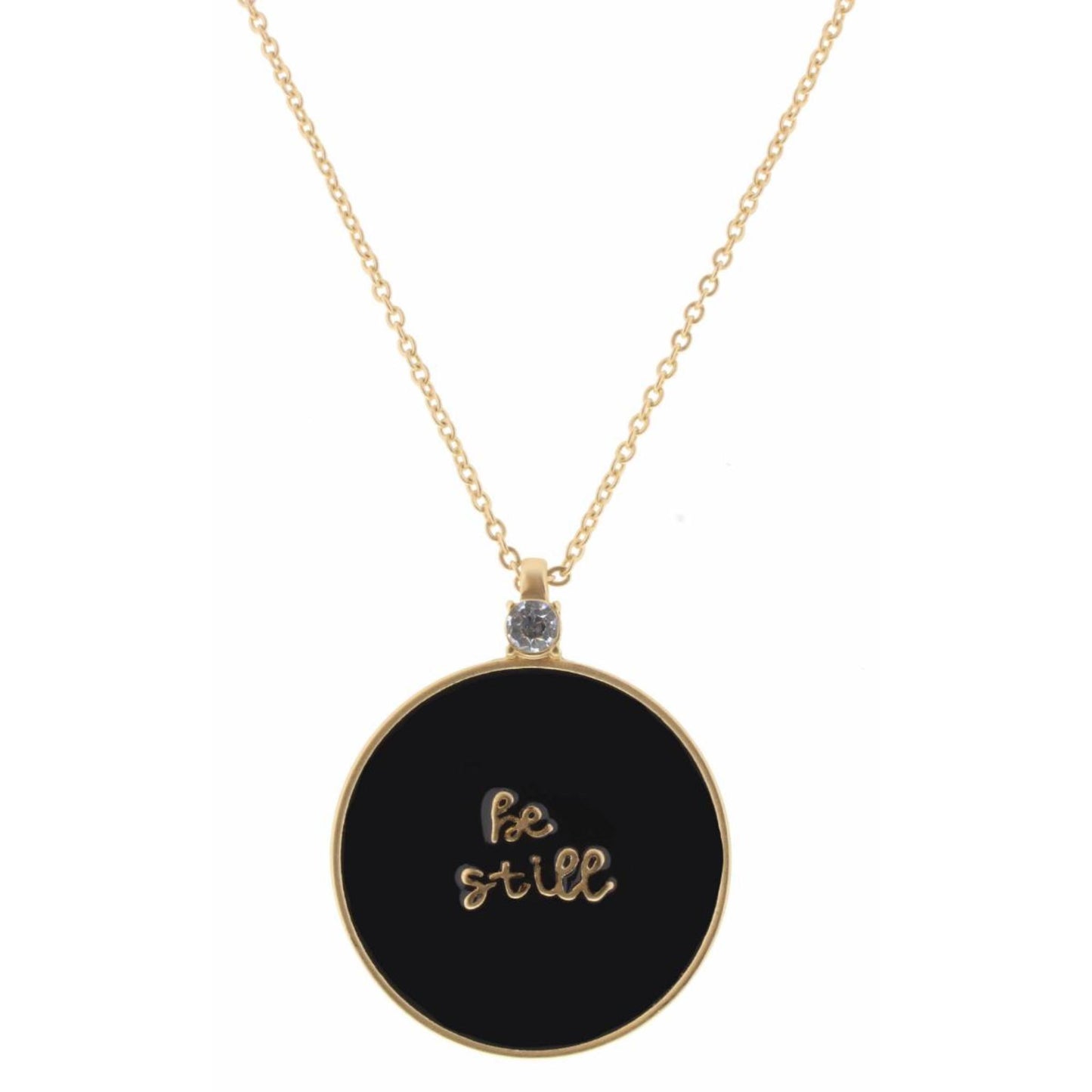 32" Black Epoxy "Be Still" Circle with Clear Crystal Necklace