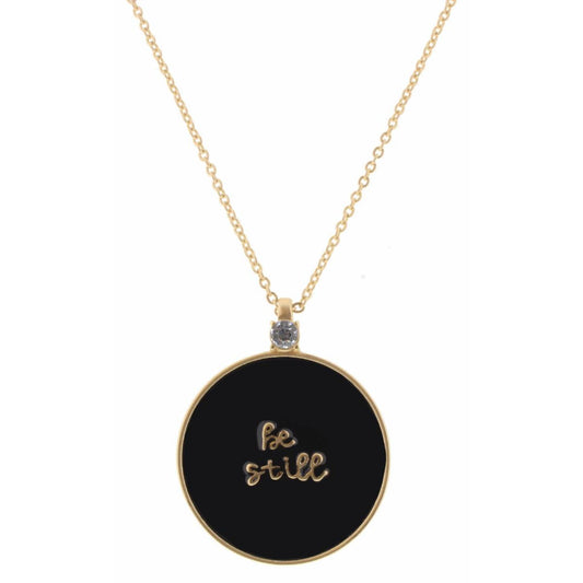 32" Black Epoxy "Be Still" Circle with Clear Crystal Necklace