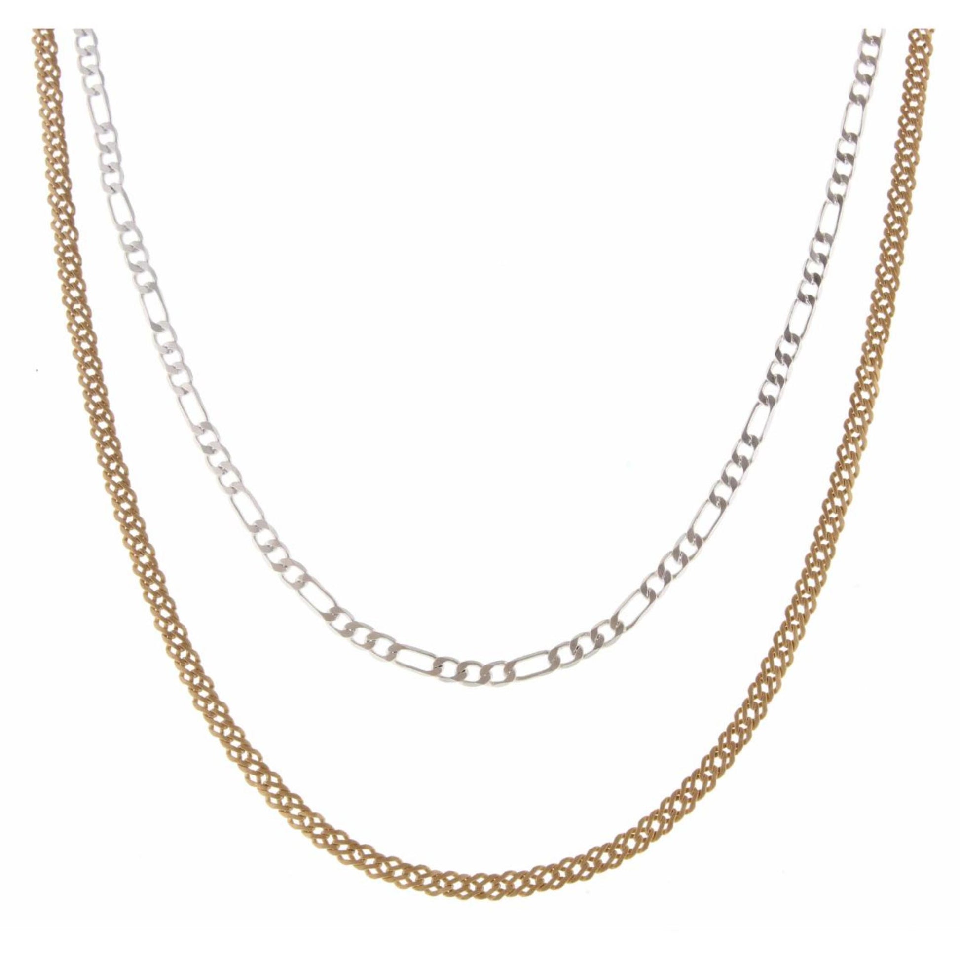 16", 18" 2 Layer Dainty 2-Tone Figaro & Double Pressed Curb Chain Necklace