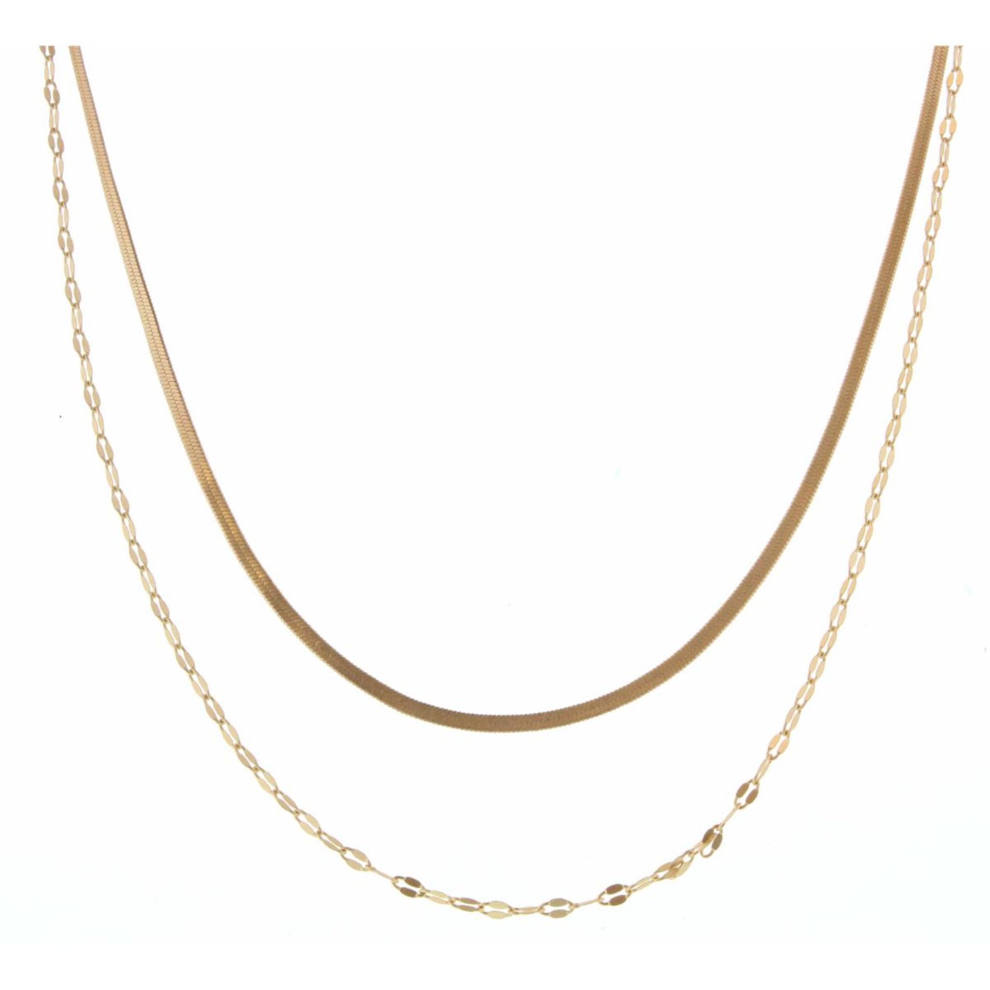 16", 18" 2 Layer Dainty Gold Snake and Pressed Oval Link Chain Necklace