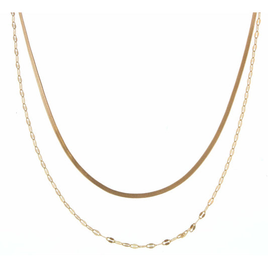 16", 18" 2 Layer Dainty Gold Snake and Pressed Oval Link Chain Necklace