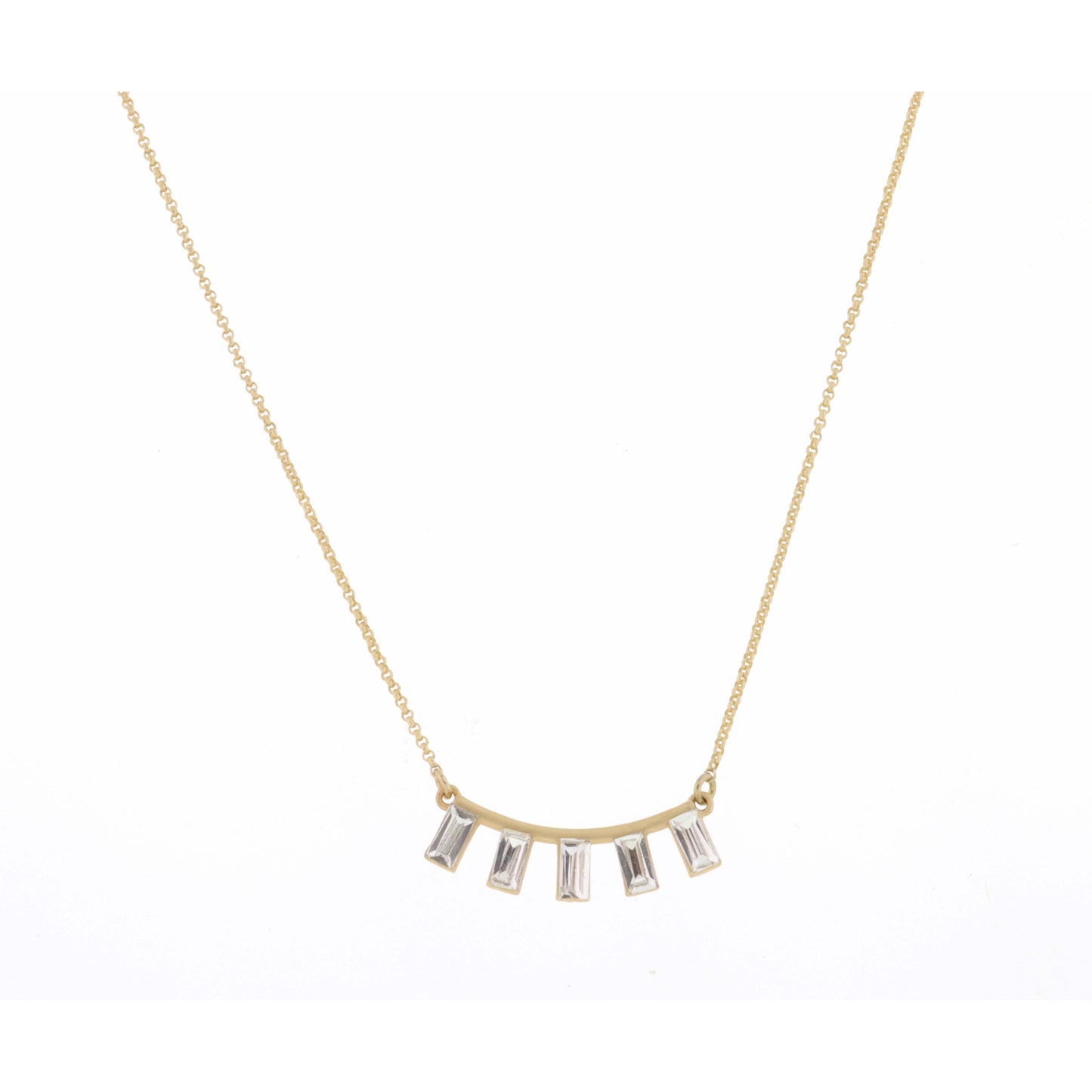 16" Curved Bar, Crystal Rectangle Drops on Gold Chain Necklace, 3" Ext