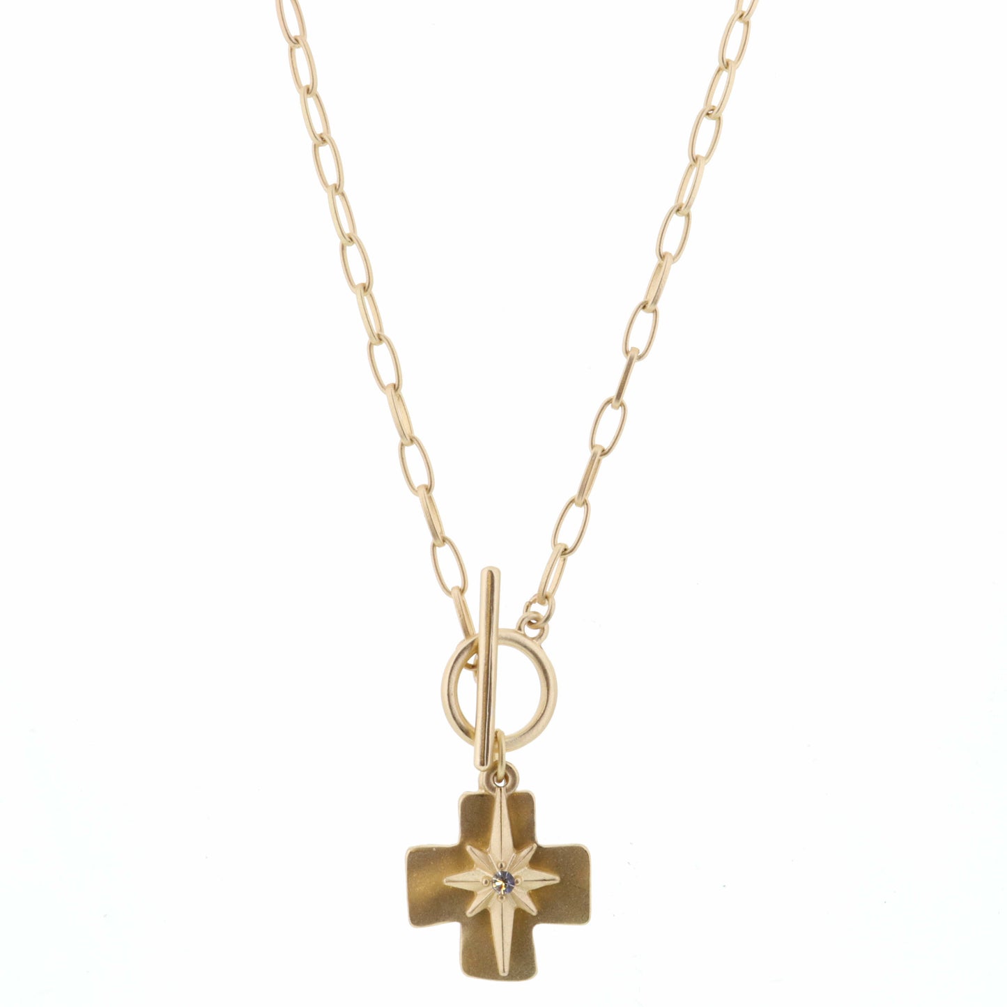 16" Gold Cross and Star Charm on Gold Chain Necklace, 3" Ext