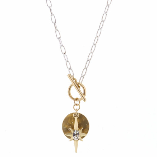 16" Gold Star Disc and Starburst on Silver Chain Necklace, 3" Ext