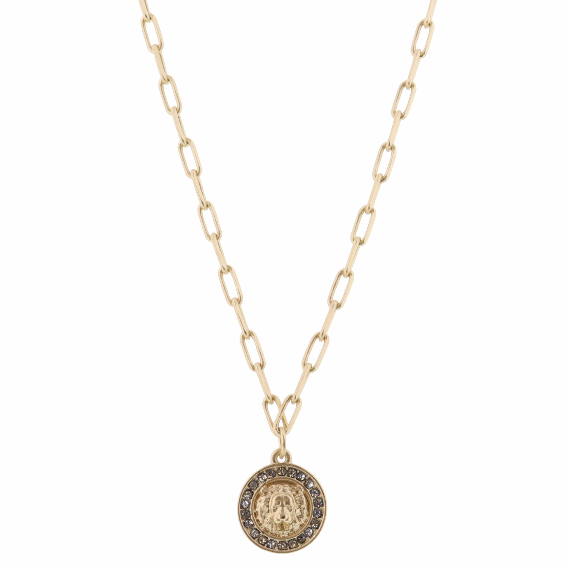 16" Lion Embelished with Clear Crystals on Gold Chain Necklace, 3" Ext