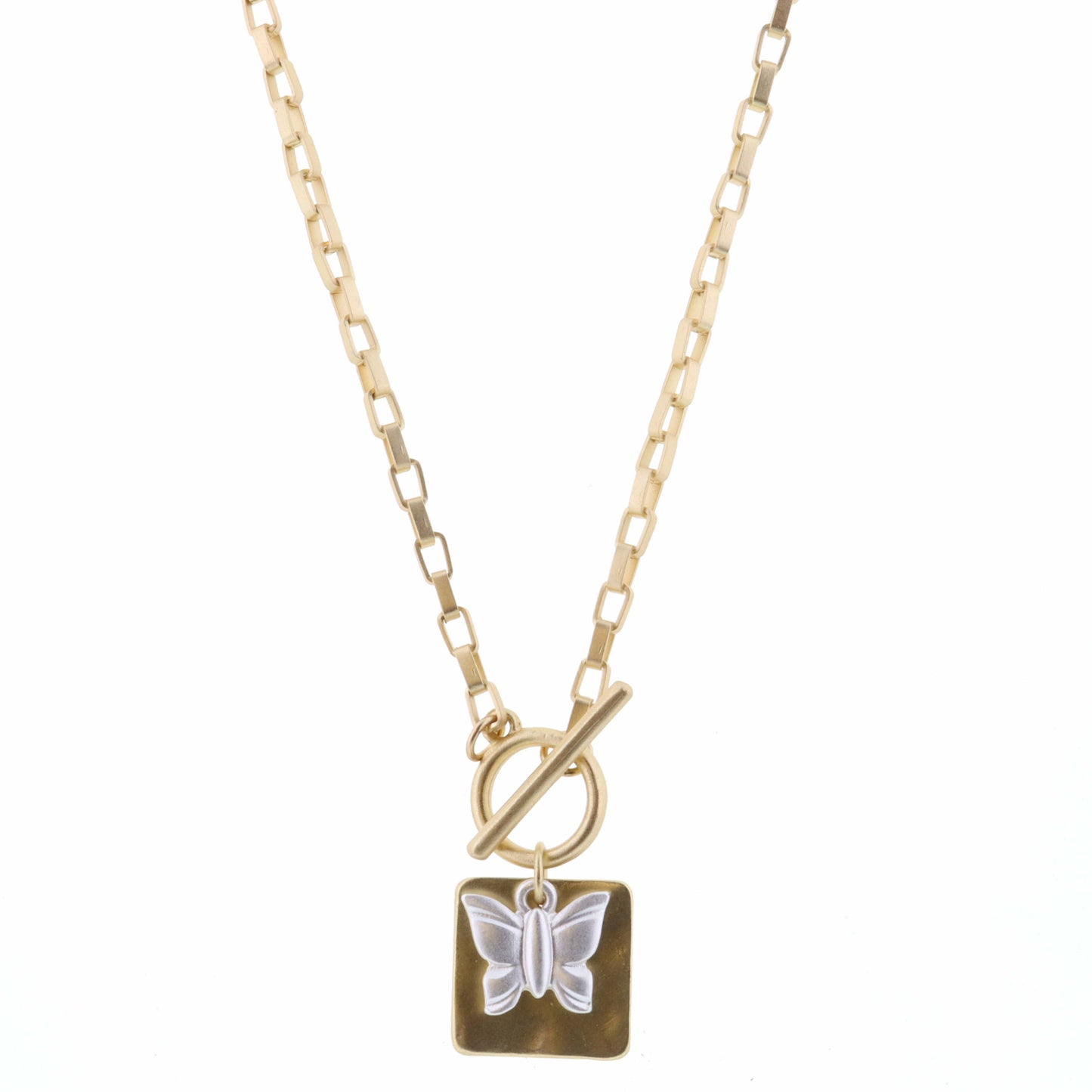 16" Silver Butterfly and Gold Square on Gold Chain Necklace, 3" Ext