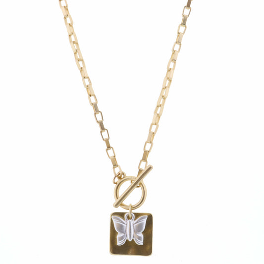 16" Silver Butterfly and Gold Square on Gold Chain Necklace, 3" Ext