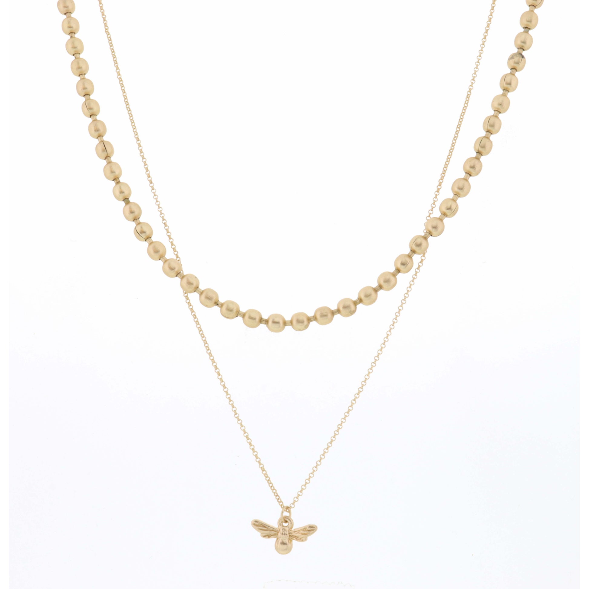16", 18" 2 Layer Gold Bead Chain and Gold Bee Necklace, 3" Ext
