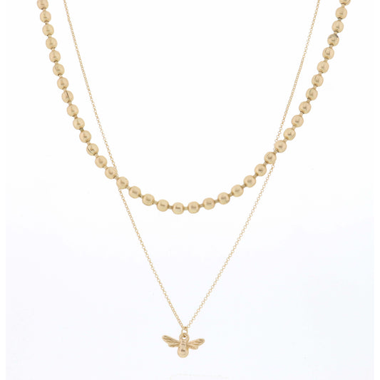 16", 18" 2 Layer Gold Bead Chain and Gold Bee Necklace, 3" Ext