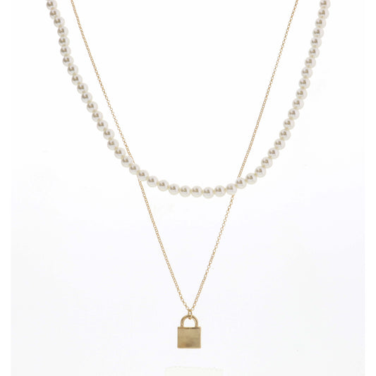 16", 18" 2 Layer Pearl Chain and Padlock Necklace, 3" Ext
