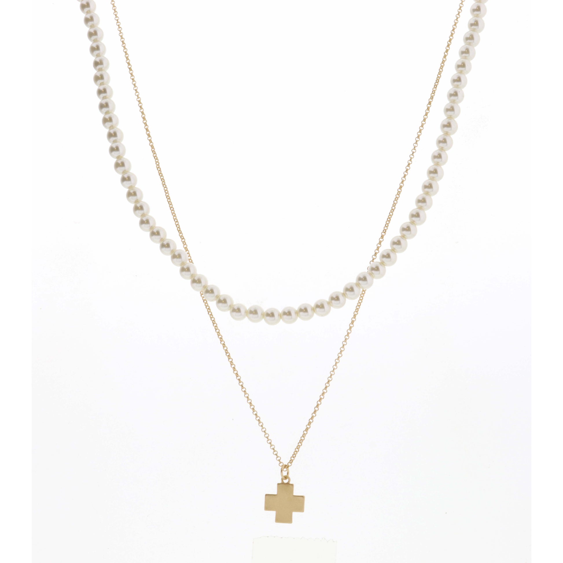 16", 18" 2 Layer Pearl Chain and Gold Square Cross Necklace, 3" Ext