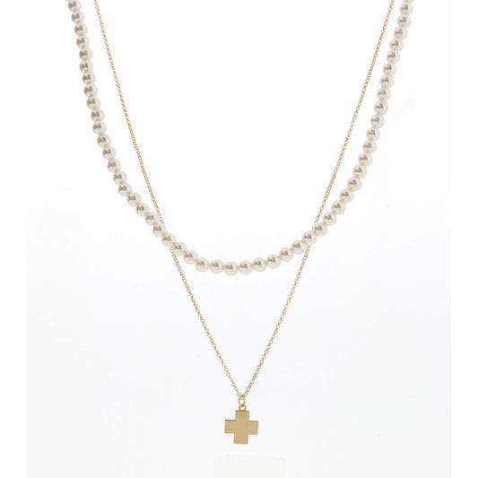 16", 18" 2 Layer Pearl Chain and Gold Square Cross Necklace, 3" Ext
