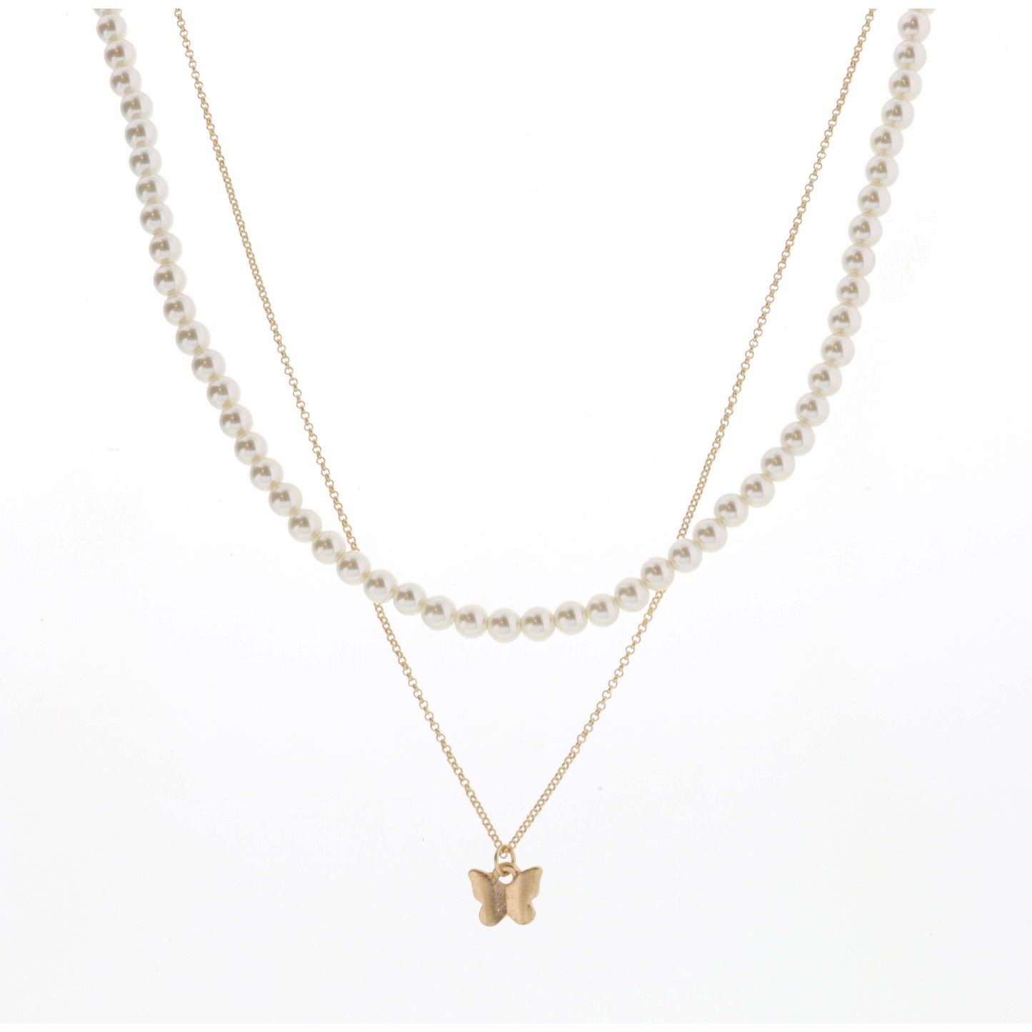 16", 18" 2 Layer Pearl Chain and Gold Butterfly Necklace, 3" Ext