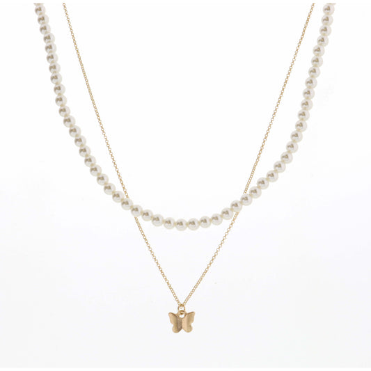 16", 18" 2 Layer Pearl Chain and Gold Butterfly Necklace, 3" Ext