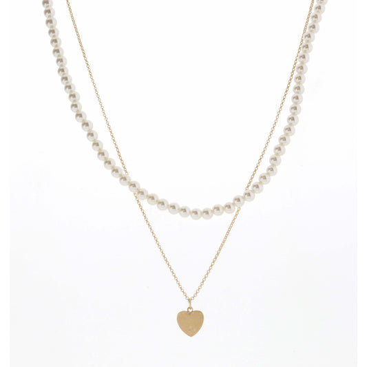 16", 18" 2 Layer Pearl Chain and Textured Heart Necklace, 3" Ext