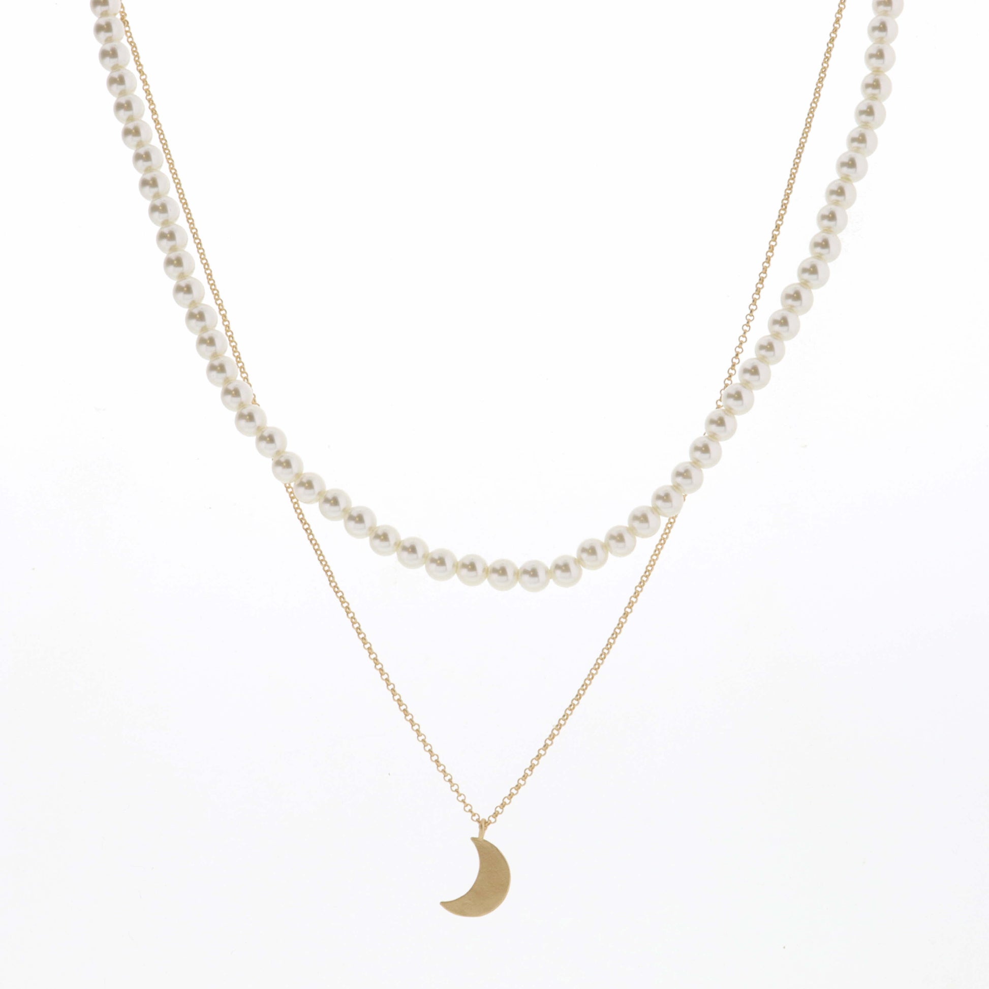 16", 18" 2 Layer Pearl Chain and Textured Moon Necklace, 3" Ext