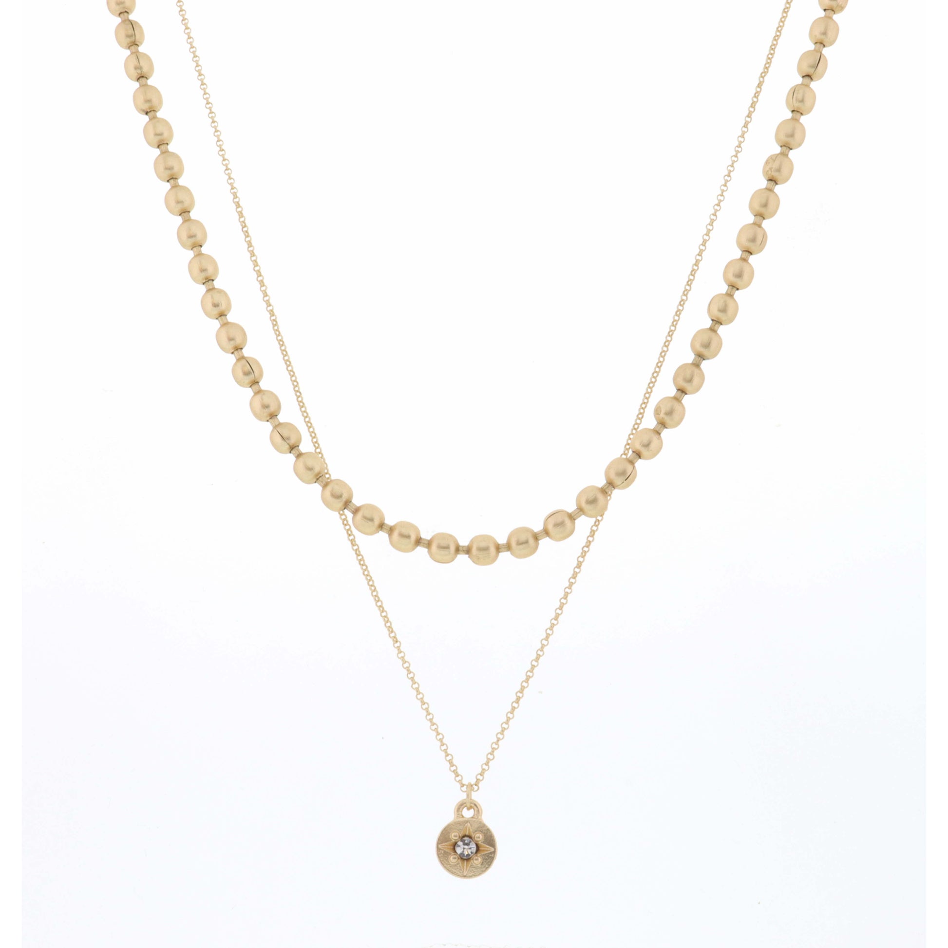 16", 18" 2 Layer Gold Bead Chain and Textured Disc Necklace, 3" Ext
