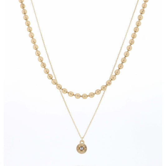 16", 18" 2 Layer Gold Bead Chain and Textured Disc Necklace, 3" Ext