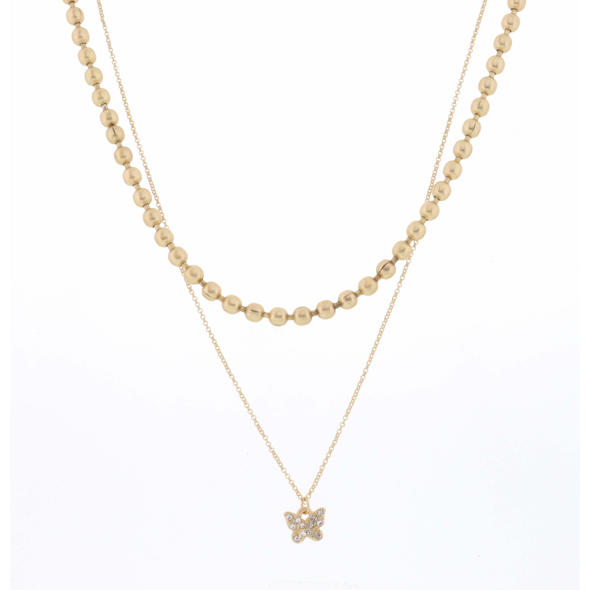 16", 18" 2 Layer Gold Bead Chain and Crystal Butterfly Necklace, 3" Ext