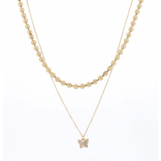 16", 18" 2 Layer Gold Bead Chain and Crystal Butterfly Necklace, 3" Ext