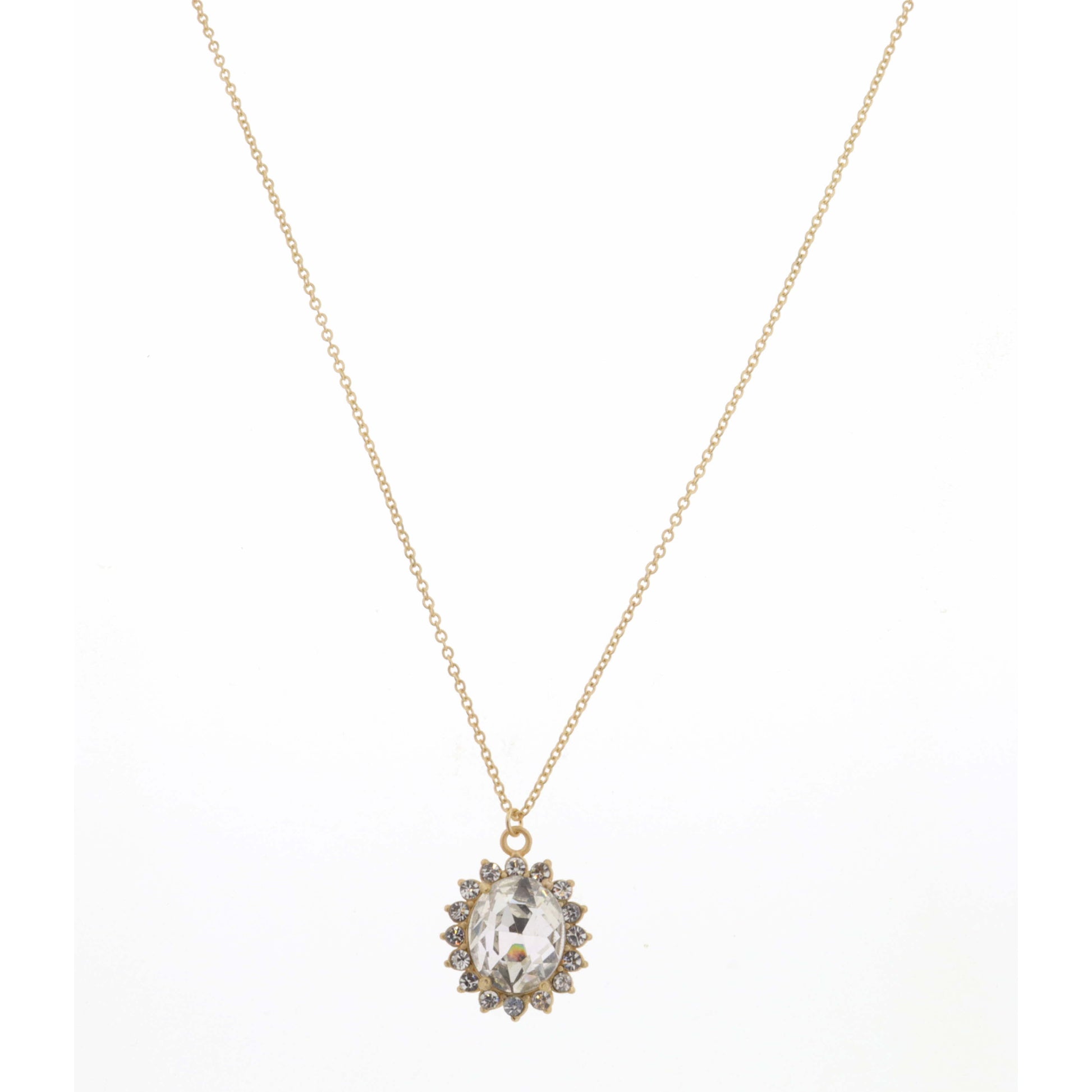18" Clear Oval Crystal Encased in Mini Clear Crystals Necklace, 3" Ext