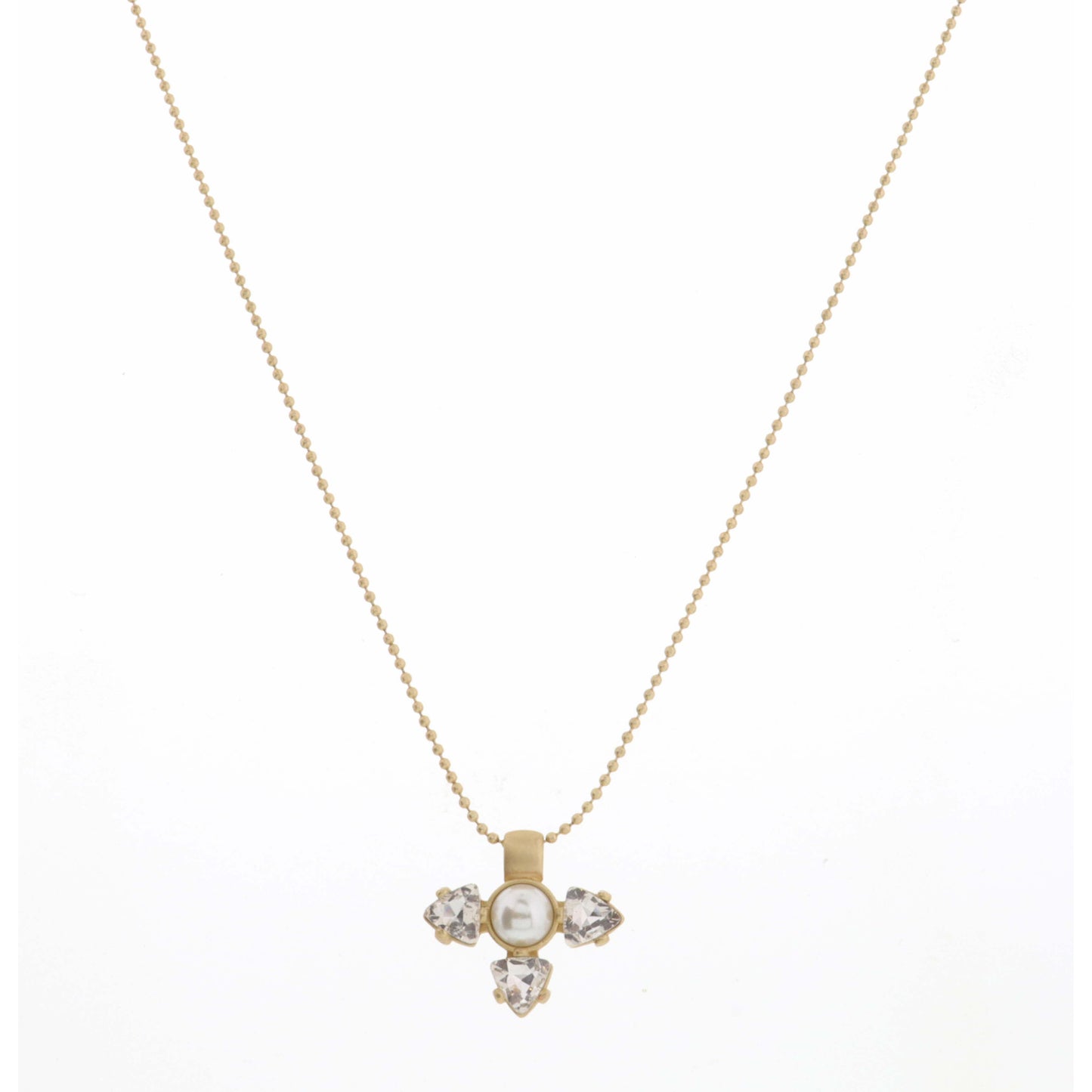 18" Small Encased Pearl with Clear Crystal Teardrops Necklace, 3" Ext