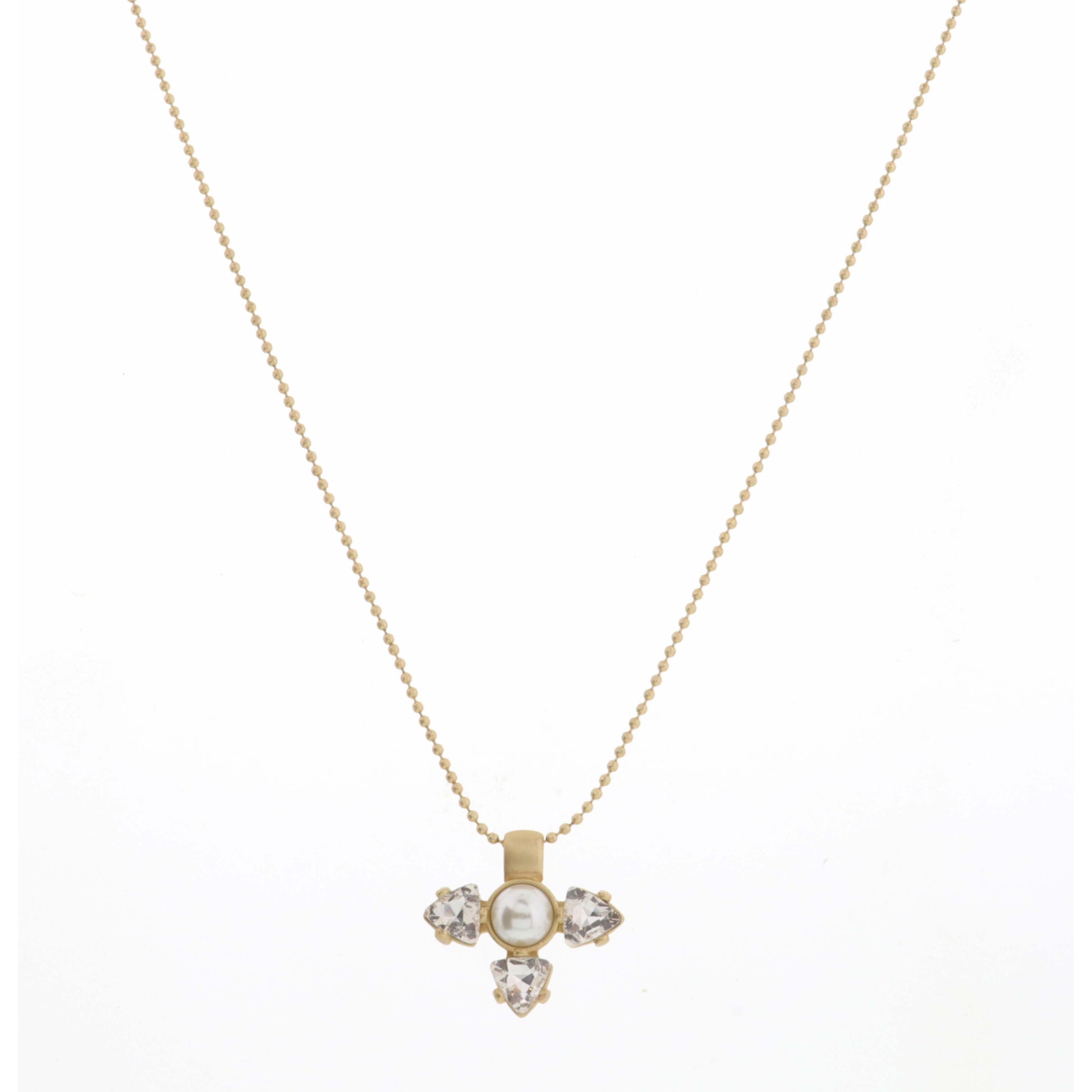 18" Small Encased Pearl with Clear Crystal Teardrops Necklace, 3" Ext