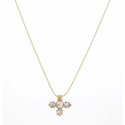 18" Small Encased Pearl with Clear Crystal Teardrops Necklace, 3" Ext