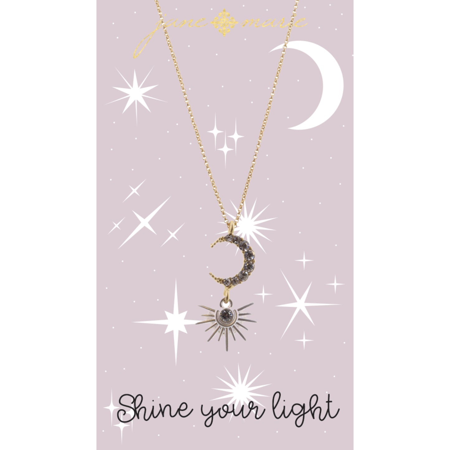 16" Clear Crystal Moon with Silver Starburst Necklace, 3" Ext