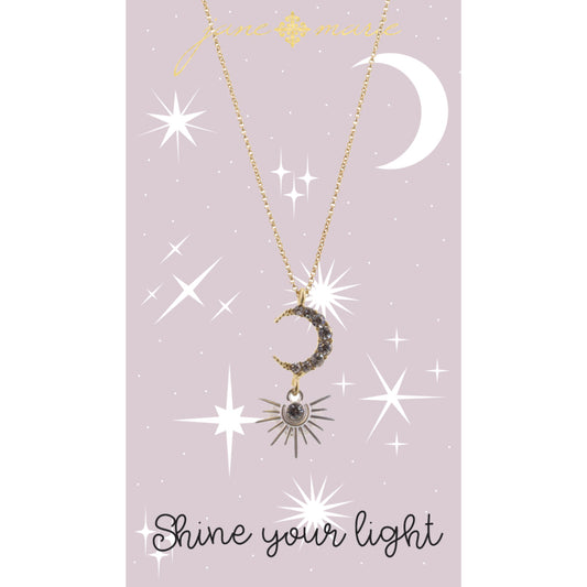 16" Clear Crystal Moon with Silver Starburst Necklace, 3" Ext