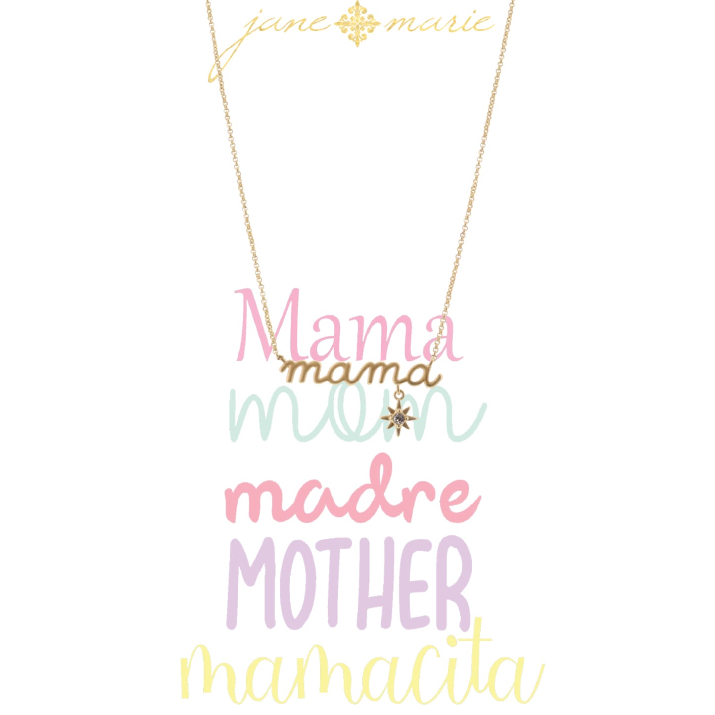 16" Gold, Scripty Mama with Starburst Drop Necklace, 3" Ext